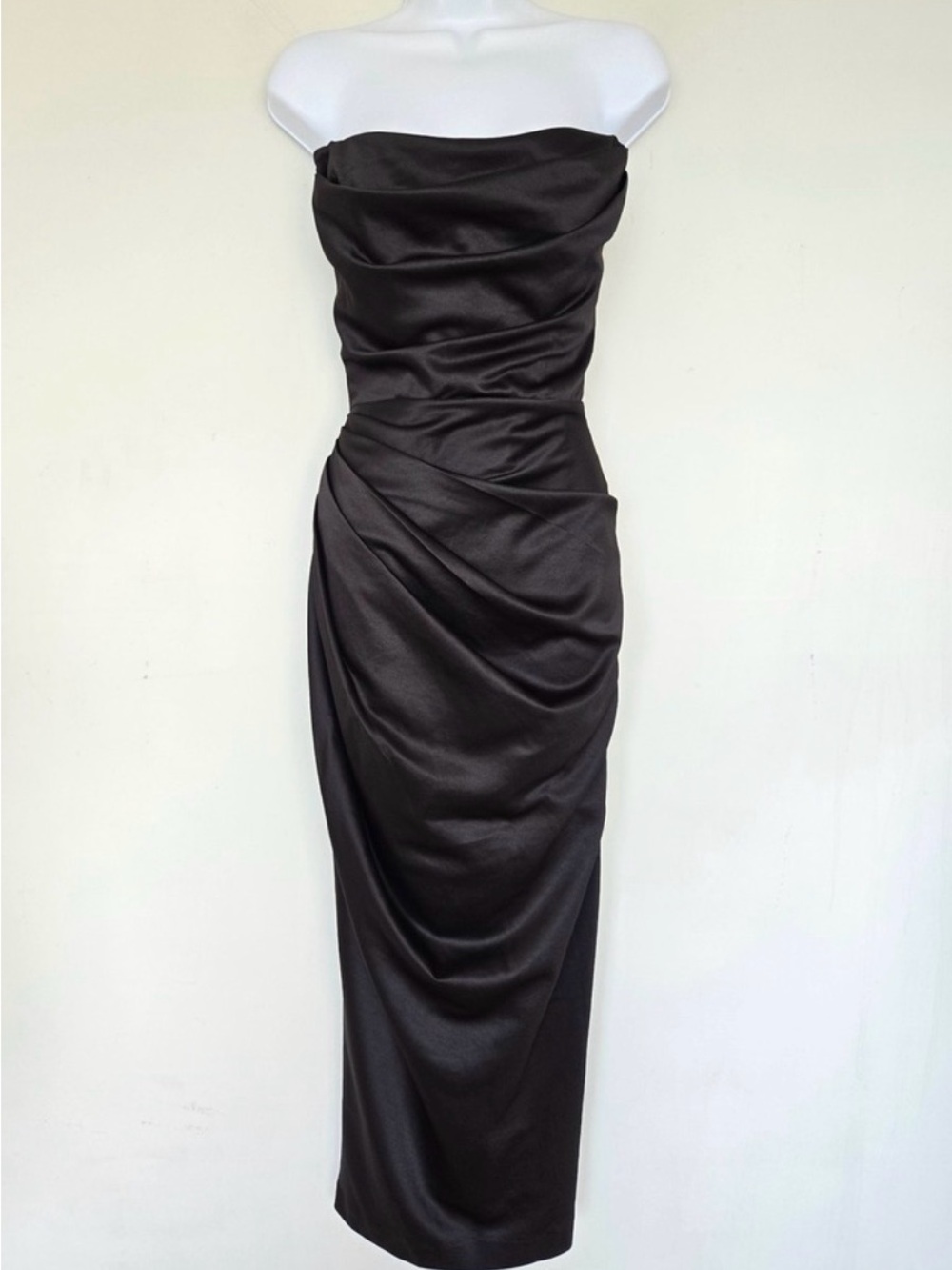 House of CB Adrienne Black Satin Strapless Corset Maxi Dress Formal - Picture 9 of 9